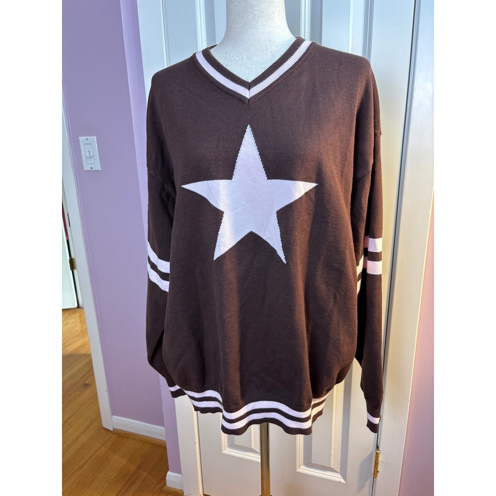 Urban Weekend Brown Pink Star V-Neck Sweater Varsity Stripe Preppy Knit 76590J